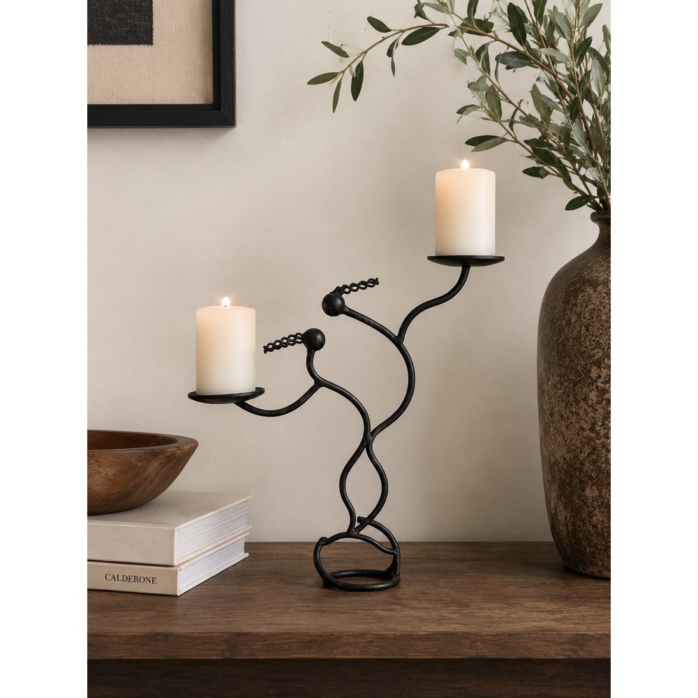 Vintage Wrought Iron Dancing Figures Double Pillar Candle Holder Black Metal Art